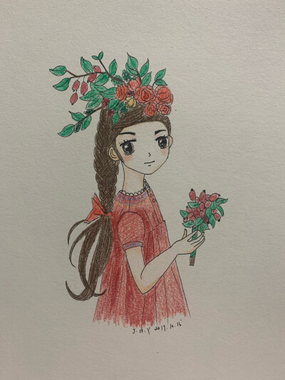 彩铅画 少女与花 手绘