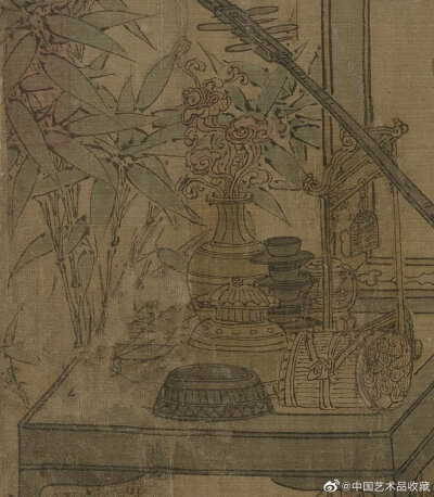 【 元 刘贯道 《消夏图》 】卷，绢本设色，29.53×71.12cm，美国纳尔逊·艾特金斯艺术博物馆藏。 画的是一个种植着芭蕉、梧桐和竹子的庭园，其左边横置一榻，一人解衣露出胸、肩，赤足卧于榻上纳凉。榻之侧有一方桌，…