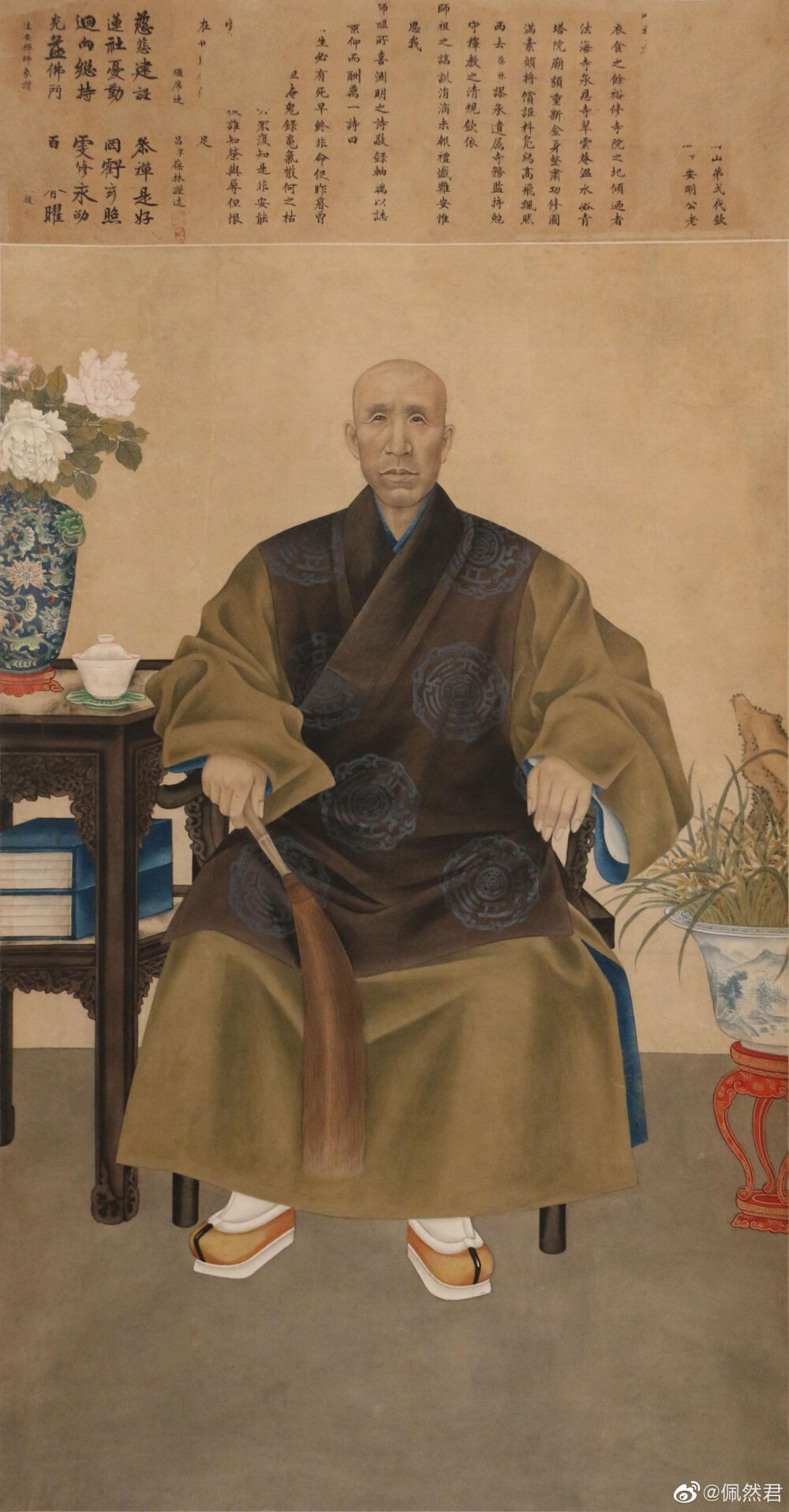 1.清人画释普荷像轴，通长140、通宽81厘米。
2.清人画释法安像轴，通长108、通宽67厘米。
3.清人画释印颗像轴，通长136.3、通宽79.5厘米。
4.清人画释常容像轴，通长130、通宽51.8厘米。
5.明人画释如馨像轴，通长104、通宽43厘米。
6.清人画释智朴像轴，通长120、通宽62厘米。
首都博物馆藏