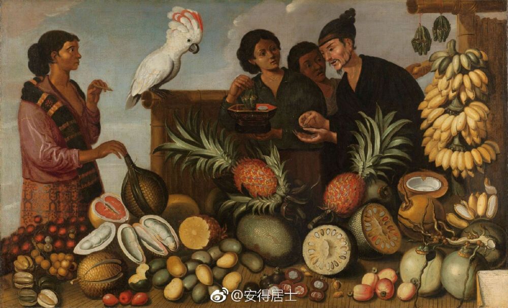 十七世纪 传亚伯特·艾克豪特（Albert Eckhout） 巴达维亚市集（Oost-Indisch marktstalletje），布面油彩，长106厘米，宽174.5厘米，现藏于阿姆斯特丹国立博物馆。
本画传为亚伯特·艾克豪特所画，据说原是东印度公司总督约安·豪德寇波（Joan Huydecoper）阿姆斯特丹宅邸里的装饰画，画面里描绘了一位中国人在巴达维亚(今雅加达)市集购买水果时的情形，果摊上摆满了各式各样的热带水果，这些水果在画上被一一编号，列于画面右下角的清单之上。
画中的中国人银簪束发，额戴懒收网，指甲细长，较为符合晚明时期的男子装扮。这位中国男子的附近有一位手持八角漆盒的印尼少年，八角盒内装有一叠银币，从中国男子手持银币的举动来看，这位印尼少年应当是中国男子雇佣的小厮。
值得注意的是，亚伯特·艾克豪特未到过巴达维亚，画面内容有可能是根据铜版画或者书籍插页的信息获取而来的。和当时西方人铜版画中描绘的中国人形象一样，画中的中国男子也出现了左衽的毛病。所以这幅画并非写实之作，而是一幅代表当时西方人眼中东方风貌的装饰画作。
删改自台北故宫博物院