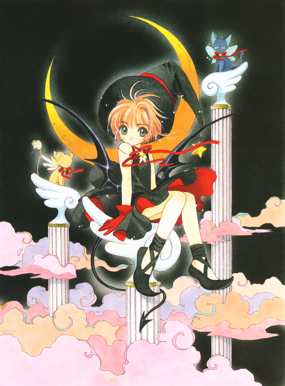 （69）
【出处】1999年日历附录透明文件夹
【CLAMP评语】新画的彩图做成的透明文件夹，上面有小恶魔风格的小樱和使魔（和本来一模一样）风格的小可和斯比。背景是用喷枪上色，这在《小樱》的彩图里相当少见呢。
