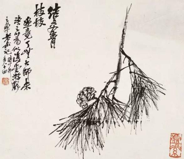 吴昌硕 《山水花鸟册》松 枝
他暮年追怀八大，《墨鸟》题句：“鸟不知何名，八大山人时时写之“，略题诗有：“昨夜梦中驰铁马，竟冯（凭）画手夺天山”之句；