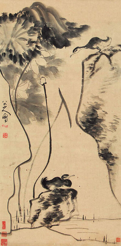 清 朱耷“八大山人”《荷塘逸趣》立轴水墨纸本
（1626年—约1705年），谱名统[quàn，上林下金]，字刃庵，号八大山人、雪个、个山、人屋、道朗等，出家时释名传綮，汉族，江西南昌人。 明末清初画家，中国画一代宗师…