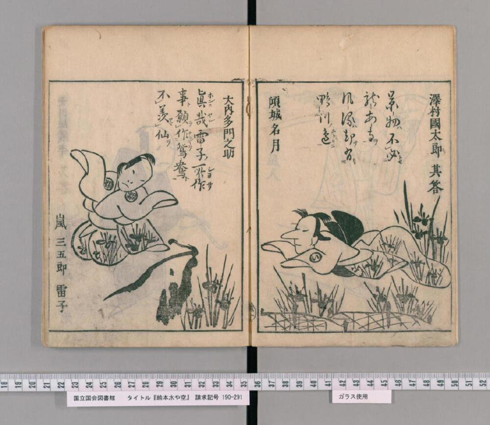 絵本水也空
耳鳥斎是江户时代大阪的浮世绘师、戏画作者，狩野派小柴隼人的门人，姓不详，名半三郎，俗称松屋半三郎，在京町三丁目新難波橋居住。
絵本水也空是以三都的戏剧名优为主题绘制，水也空这个标题大意是指水空一色，无法分辨，比喻这是一部无法分辨究竟是演员真实模样，还是表演状态的作品。整部作品弥漫着漫画一样的风味非常突出。耳鳥斎以鸟羽绘而闻名，用简笔细致描绘人类，富有滑稽才华。