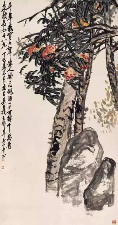 《寿桃》 吴昌硕
设色纸本 立轴 177×92cm
丁巳（1917 年）作
朵云轩藏品
缶翁晚年甚感应酬题诗之累，经常请老友代作诗文。因为有信函作证，给了今人认定此老不文的口实。
正值事情不明不白之际，沪杭两地拍卖行…