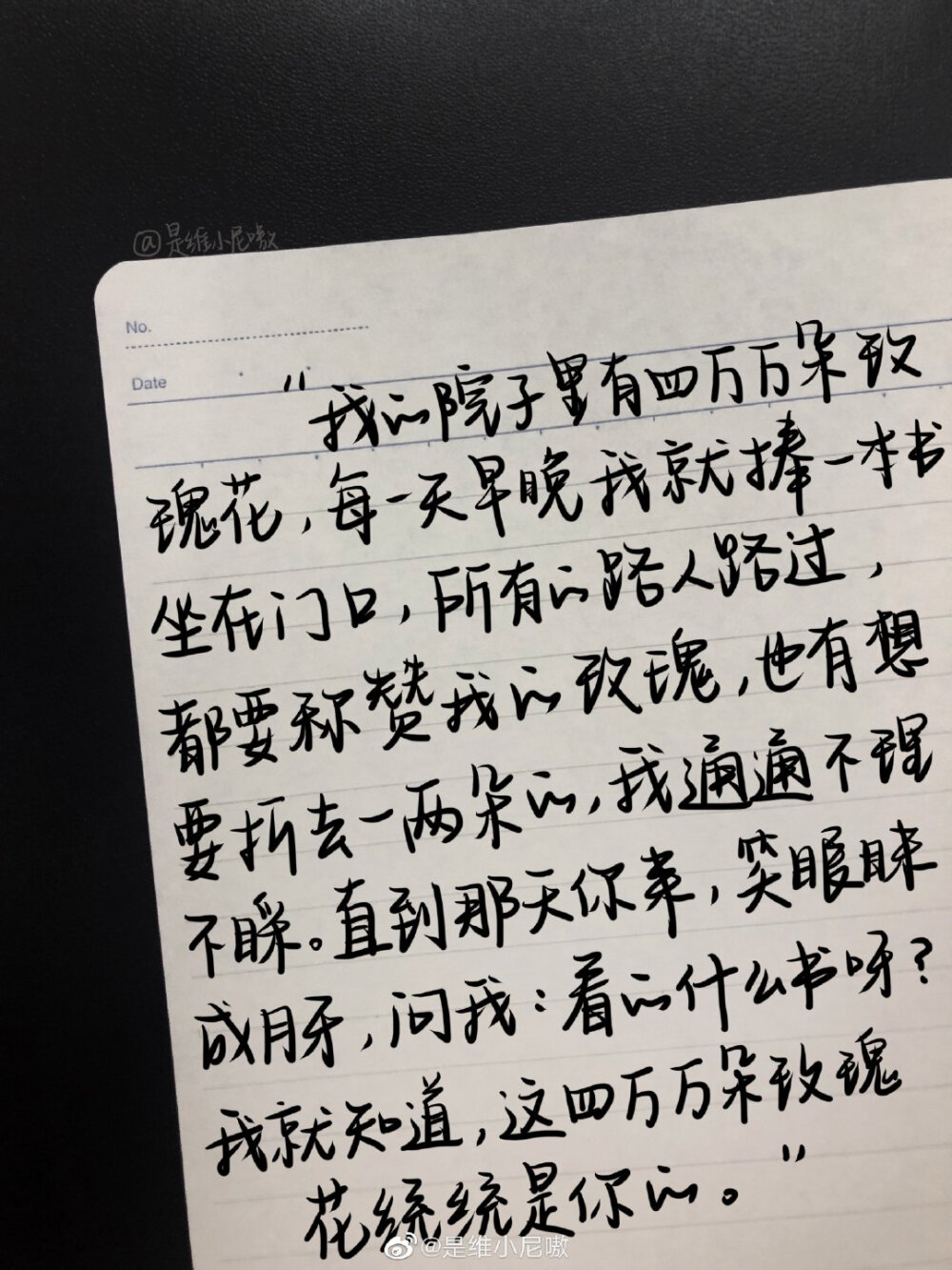  “你好哇，李银河。 你要是愿意，我就永远爱你。你要是不愿意，我就永远相思。 我把我整个灵魂都给你，连同它的怪癖，耍小脾气，忽明忽暗，一千八百种坏毛病。它真讨厌，只有一点好，爱你。” ​​​
cr@是维小尼嗷
#Winnie的摘抄##微信朋友圈背景图##摘抄##手写微博# ​