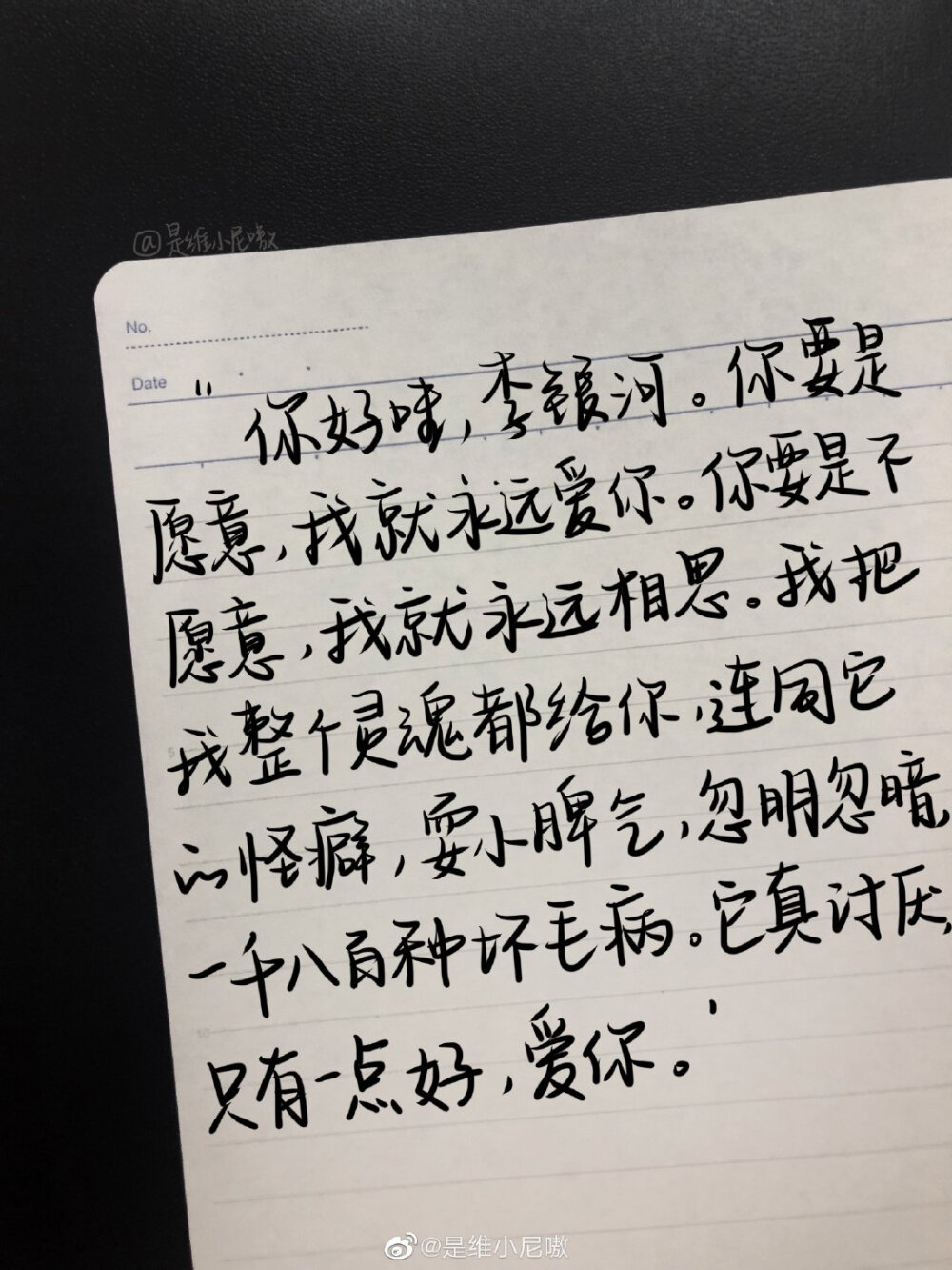  “你好哇，李银河。 你要是愿意，我就永远爱你。你要是不愿意，我就永远相思。 我把我整个灵魂都给你，连同它的怪癖，耍小脾气，忽明忽暗，一千八百种坏毛病。它真讨厌，只有一点好，爱你?！????
cr@是维小尼嗷
#Winnie的摘抄##微信朋友圈背景图##摘抄##手写微博# ?