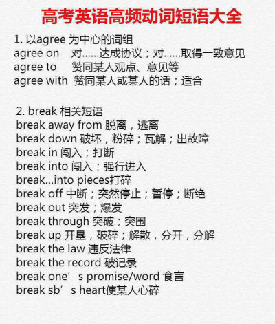 英语高频动词短语 常见的词组汇总 雅思 托福 考研等各种考试必备 。