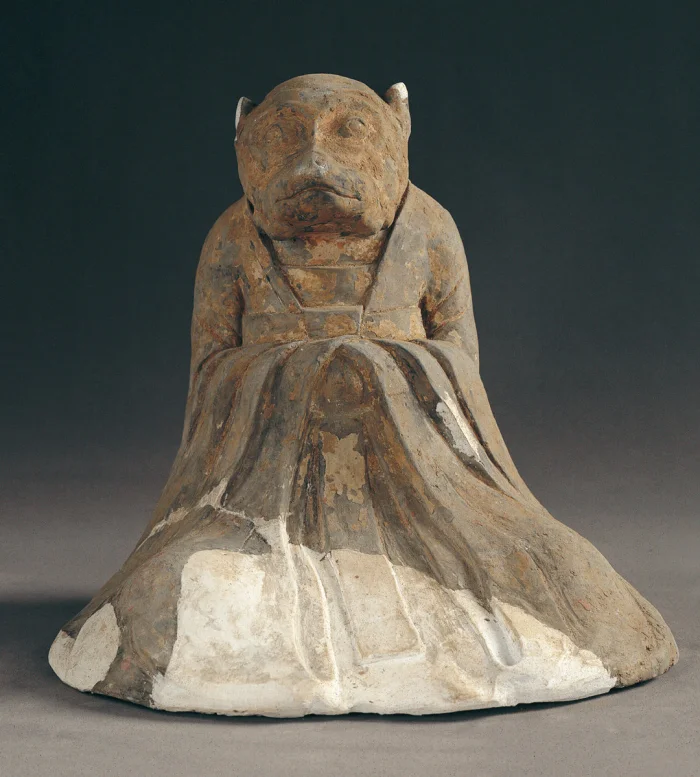 Two painted pottery standing figures of attendants, Han