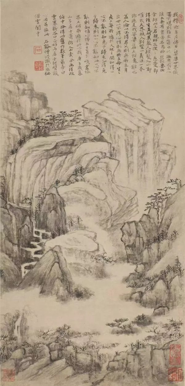 清 石溪《谷口白云》
石溪（1612-1673），法名髡残，字介丘，又号白秃、电住道人、壤残道者，晚署石道人，俗姓刘。“清初四僧”之一，湖南武陵人。石溪用笔繁密，纵横交错，沉酣苍劲，长于干笔皴擦。钱松喦曾自言“余少时爱摹石溪上人画”，其拙厚的颤笔正是得益于此，乃至毕生创作都蕴含石溪笔绪。此作品全幅章法稳妥，画风成熟，远山以干笔渴墨皴擦，笔法苍劲荒率，近景绘草木蓊郁、烟云氤氲，生动地传达出山川空灵茂密、浑厚华滋的情调。