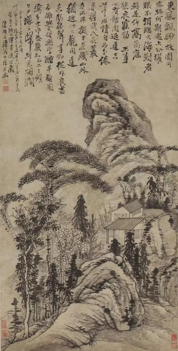 清 石涛《看杏诗意》
石涛（1642-1705），朱明宗室，法名原济，号大涤子、清湘老人、苦瓜和尚等，“清初四僧”之一。钱松喦深受石涛影响，早年临摹其作品“辄为汗流浃背”，并将石涛“笔墨当随时代”的画学思想贯穿终身。石涛善用“截取法”以特写之景展深邃之境，钱松喦常取法于此，所作山水构图式虽有别，而取势用意则同。这张看杏诗意图画面破除了传统山水画“三叠两段”的章法套路，远山近石构成一个整体，似乎仅仅为山林间截取的一个特写镜头，但却深远自现。通作用笔粗放恣肆，山石的皴法粗细兼施，点苔浓重，极具奔放之势。