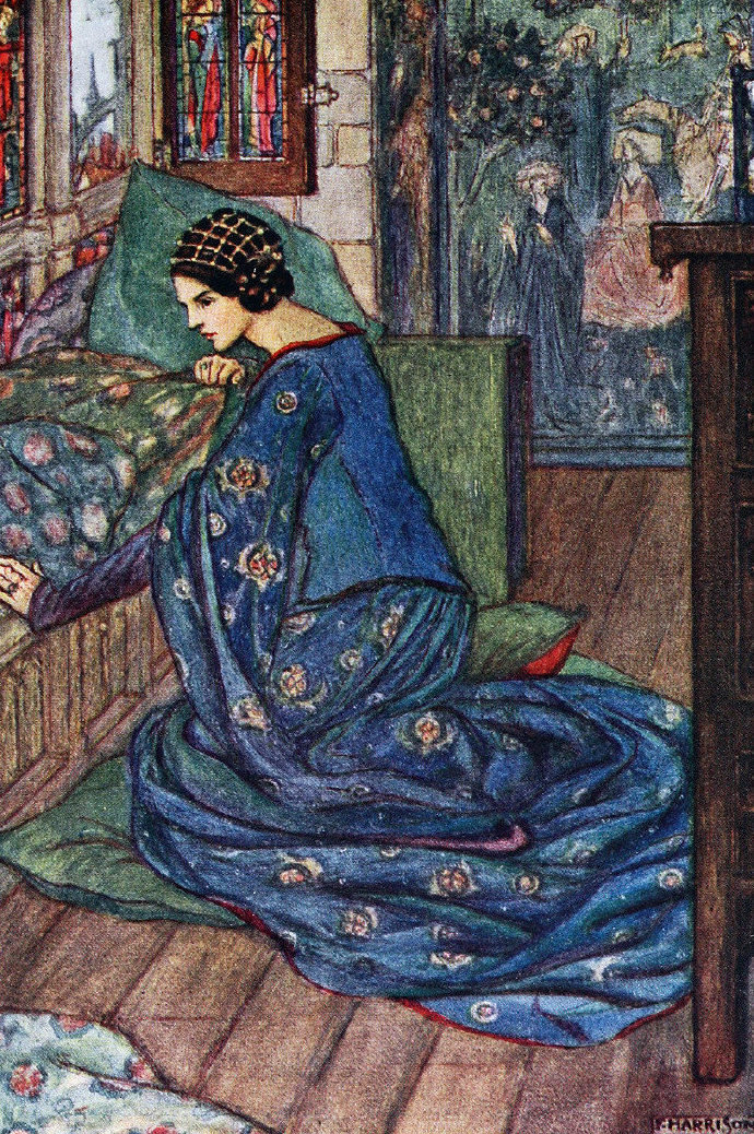 拉斐尔前派画家Florence Harrison 20世纪早期插画作品。Harrison为著名诗人丁尼生、罗塞蒂的诗集都绘制过插画。她的作品极具想象力，有着较为强烈的个人艺术风格，笔下人物和场景多有丰富绚丽的色彩，将诗歌内中世纪场景诠释得恰如其分，令人神往。 ​​​