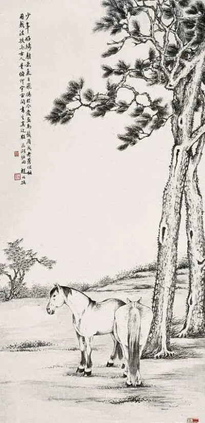 赵叔孺《鞍马画》
原名润祥，字献忱、叔孺，后易名时棢，号纫苌，晚年自号二弩老人，以叔孺行世。清末诸生，曾任福建同知。