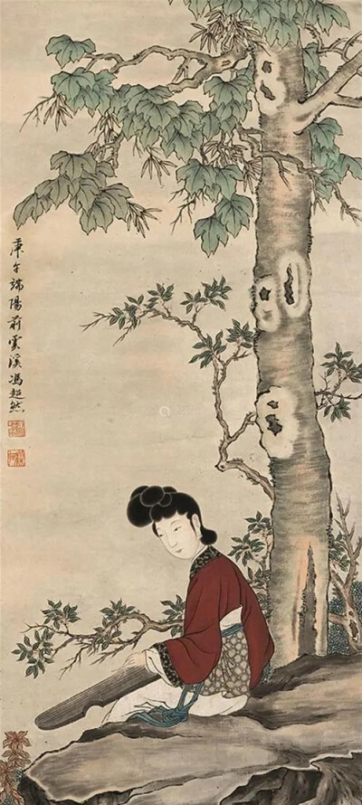 冯超然人物画
早年精仕女，以唐寅、仇英为法，笔墨醇雅；晚年专攻山水，饶有文徵明秀逸之气。