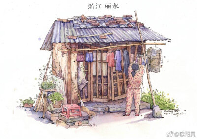 水彩 街边小屋 小清新 微博搬运 作者见水印