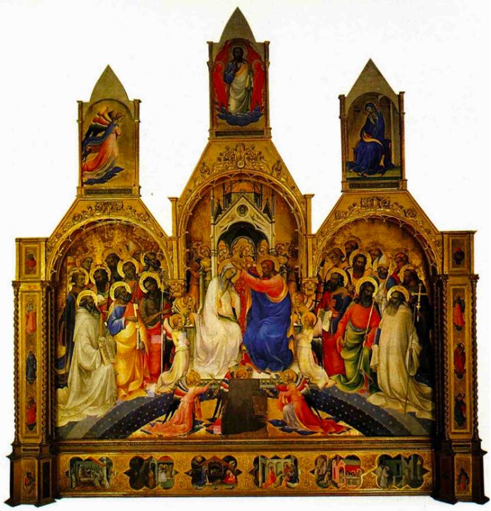 洛伦佐·莫纳科（Lorenzo Monaco，约1370年-1425年），《圣母加冕》，木板油画，1414年，高450厘米，宽350厘米，现陈列于乌菲齐博物馆 