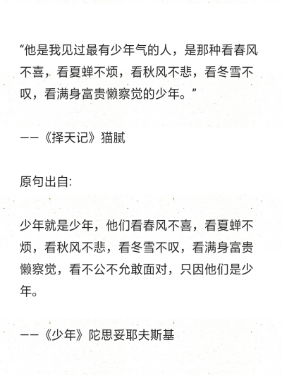 “他是我见过最有少年气的人，是那种看春风不喜，看夏蝉不烦，看秋风不悲，看冬雪不叹，看满身富贵懒察觉的少年。” ​​​
——《择天记》猫腻
原句出自:
少年就是少年，他们看春风不喜，看夏蝉不烦，看秋风不悲…