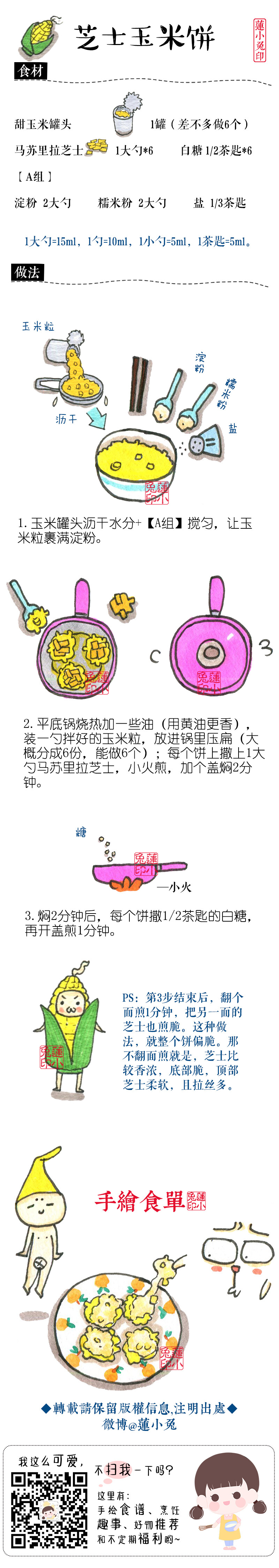 【芝士玉米饼】就是小饼形状的玉米烙，拉丝儿！超级好吃！一口气可以吃3个！这样煎，芝士流到底部会脆脆的！底部芝士脆，上面芝士柔软还会拉丝！
[笑而不语]如果双面都煎，拉丝会少一点，但是整个就比较脆！
也可以做成各种口味！我觉得加海苔啦！培根啦！再撒上满满的芝士粉，应该会非常好吃！下次可以酱紫做！