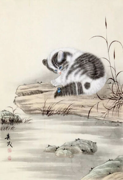 工笔猫咪，每一只猫都生动传神，活泼可爱 ~ 画家米春茂作品