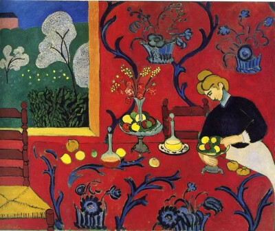 Henri Matisse的画作多饱和艳丽色彩，而其中最富盛名的还是红色于绘画中的运用。这幅La desserte是Henri Matisse受曾经的伯乐史舒金之托创作的，画中没有大量的色彩碰撞，而是以红色为纯底，但却给人更为浓烈的温暖…