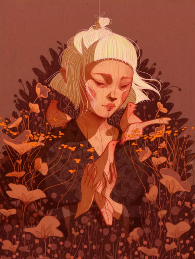 作者：Chantal Horeis
这套插画均为中心构图，主体（女孩）在中心，植物等装饰环绕在周围，纹理叠加使画面富有质感，背景及人物有明确的明暗关系以拉开前景后景的距离。
女生头像