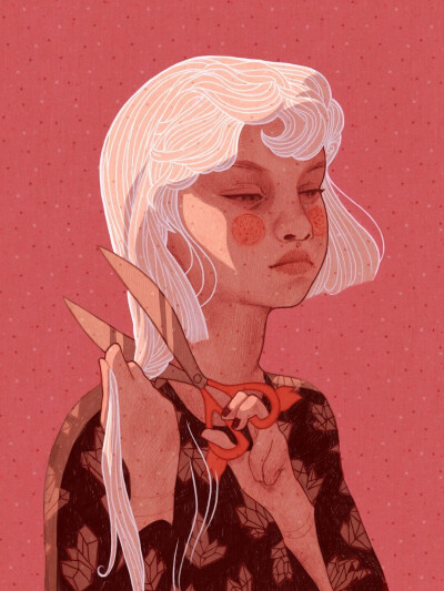 作者：Chantal Horeis
这套插画均为中心构图，主体（女孩）在中心，植物等装饰环绕在周围，纹理叠加使画面富有质感，背景及人物有明确的明暗关系以拉开前景后景的距离。
女生头像