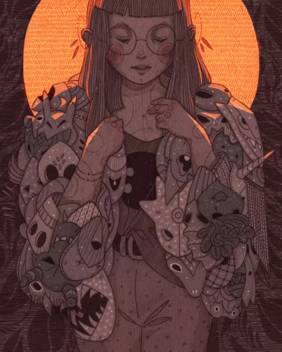 作者：Chantal Horeis
这套插画均为中心构图，主体（女孩）在中心，植物等装饰环绕在周围，纹理叠加使画面富有质感，背景及人物有明确的明暗关系以拉开前景后景的距离。
女生头像