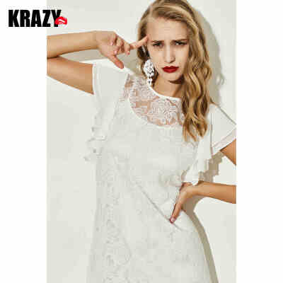 Krazy优雅温柔立体刺绣花纹梭织荷叶袖两件套装裙白色连衣裙仙