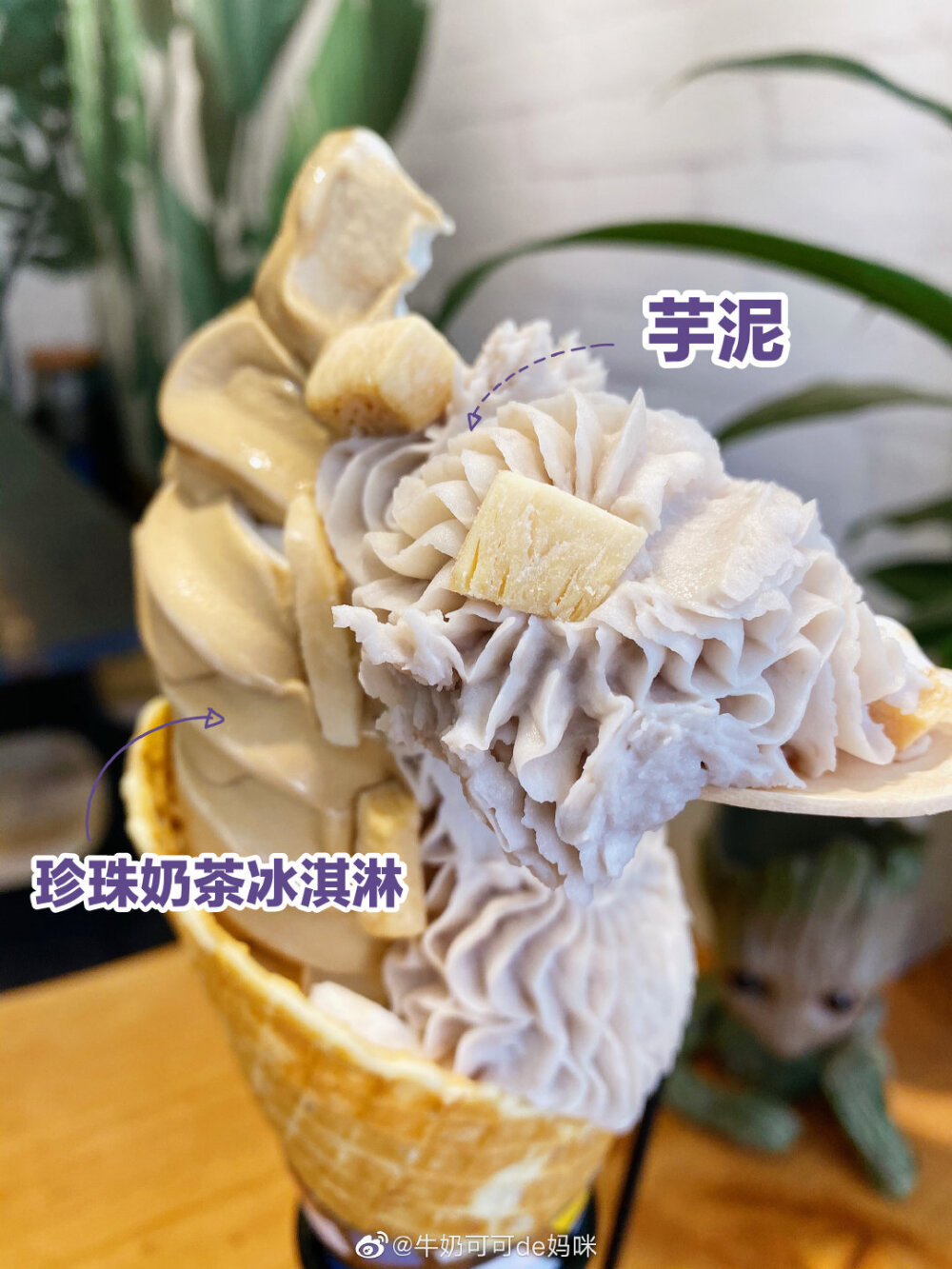 珍珠奶茶/椰子冰淇淋+芋泥
这神仙搭配真的绝辽无法抗拒
这诚意满满的厚厚芋泥冰淇淋是双味的珍珠奶茶味+椰子味冰淇淋双这两个味道我都爱吃到最下面还有惊喜！Q弹软糯的芋圆+奶茶冻+椰子 取向狙击这就是为我量身定做的吧！哈哈哈哈哈哈
芋泥一尝就知道是手做的，软糯绵密 入口顺滑，还贴心的可以选无糖or微糖，要了微糖我觉得刚刚好，轻甜可口～ 冰淇淋本身是偏清爽奶香的，不是那种特浓加奶油的，所以加这么多料也不会腻口。整一只太大了，两人分食刚好。蛋筒皮不够脆，略遗憾，整体非常优秀，值得一试～
【 椰莎悦甜 】上海市南昌路87号。
cr@牛奶可可de妈咪
#上海美食#