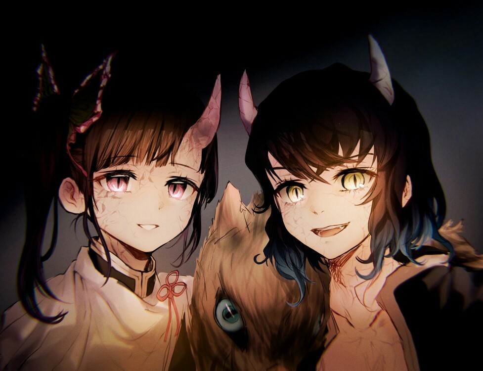 #鬼灭之刃# 栗花落香奈乎 嘴平伊之助 血鬼
画师：TAMAMA