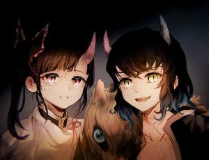 #鬼灭之刃# 栗花落香奈乎 嘴平伊之助 血鬼 
画师：TAMAMA