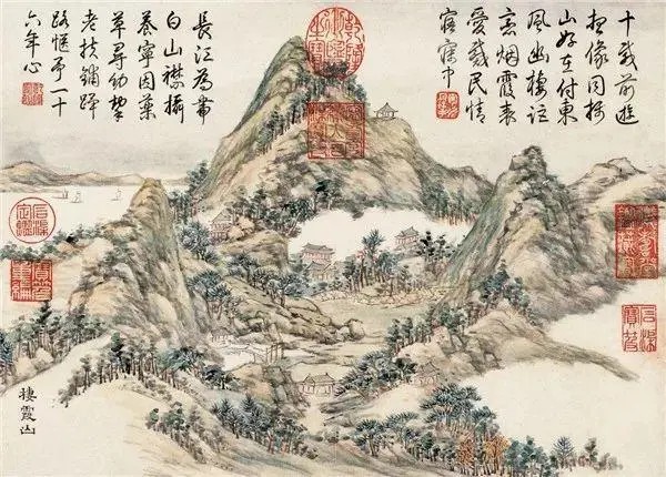 清 董浩《金陵十景图册》第一开
据《南巡盛典》记载，清乾隆皇帝对栖霞山钟爱有加，早在1751年，两江总督尹继善就开始负责修建栖霞行宫，历时6年。乾隆皇帝六次南巡，第一次行宫尚未建成，而后五次都住在栖霞行宫。五次驻跸栖霞山行宫期间，乾隆皇帝共题诗119首，书写楹联、匾额50余幅，御碑3块，其中《皇甫冉陆鸿渐栖霞寺采茶诗韵》和《金陵返跸栖霞》两碑在遗失多年后，于1999年出土。乾隆游栖霞山后，还为栖霞山万松山房、紫峰阁等十大景观命名，面对山川秀色，乾隆盛赞栖霞山为“第一金陵明秀山”，而这些美景都被董诰的丹青妙笔留在了图册中。不过遗憾的是，栖霞行宫毁于清咸丰年间清军与太平军的战火，现仅存遗址。