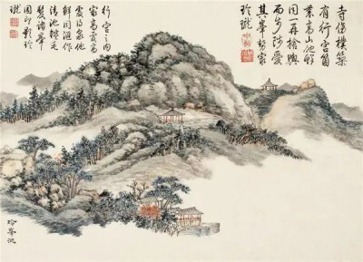 清 董诰 《金陵十景图册》
第二开所绘“玲峰池”位于栖霞山中峰腰间。史载当时“孤亭屼峍，与石梁遥对。群山万壑中，一泓湛然，可鉴毫发”。画家笔下的峰峦起伏，树木蓊郁，亭阁伫立，右侧即为王冠峰，远近烟岚缥缈…