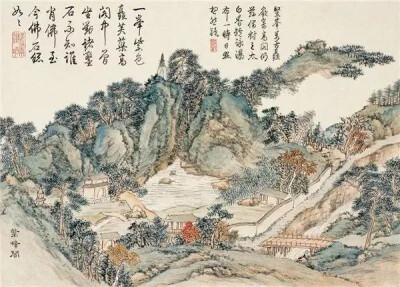 清 董诰 《金陵十景图册》
第三开所绘“紫峰阁”位于栖霞山中峰之麓。这里“群峦环绕，皆轩翔耸拔”，远观秀峙如锥。石壁间的山泉飞泻，峰下一泓清水粼粼闪烁，岸边寺庙屋舍林立，杂树翠竹互映，小桥流水敞轩。