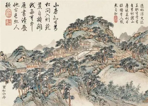 清 董诰 《金陵十景图册》
第四开“万松山房”，所绘景致位于栖霞山主峰的半山腰。栖霞山麓多生松柏，“此尤蓊蔚”。每当山风谡谡吹过，万壑苍松鸣涛，绿荫丛中还有崇台杰阁。从中可见，此间“最为幽胜”。