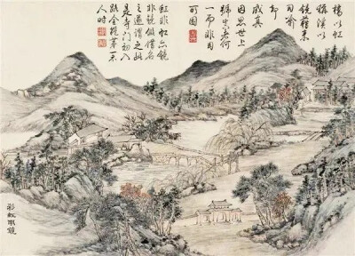 清 董诰 《金陵十景图册》
第九开“彩虹明镜”，所绘景致堪称“栖霞山第一胜境”。乾隆二十二年（1757年），两江总督尹继善为迎驾皇上南巡而凿，以蓄桃花涧等上游来水。“就水为亭，仿佛明圣湖边风景”，还有怪石堆…