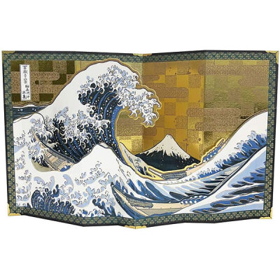 日本购回 和风浮世绘海浪金色屏风立体贺卡节日祝福卡片桌面摆件