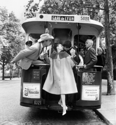 Audrey Hepburn, Mel Ferrer, and Buster Keaton, in “Paris Pursuit” for Harper’s Bazaar, Paris, August 9, 1959.