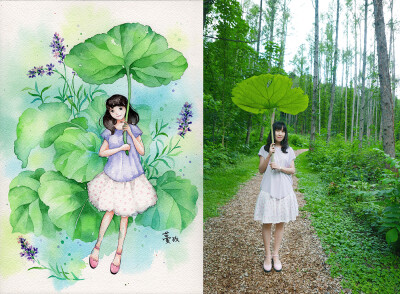 北海道的夏日森林，薰衣草与蜂斗菜（秋田蕗）。水彩 手绘 插画 自画像 @蔓玫蔓玫