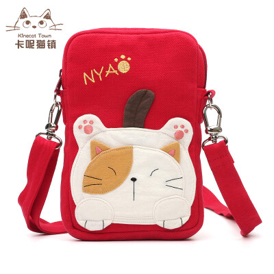 KINE猫正品日系纯棉帆布卡通猫拼布苹果华为手机包袋小斜挎包女式