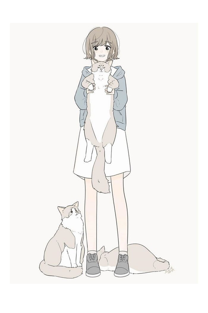 少女 猫咪 插画 画师百瀬たろう作品