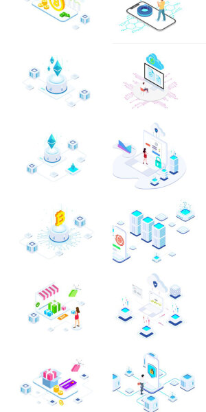 【更多点头像】2.5D立体商务科技互联网区块链5G通讯技术AI插画海报设计素材