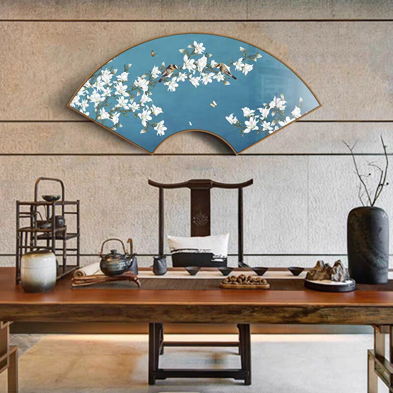 新中式扇形挂画玄关装饰画创意过道工笔画卧室床头花鸟画中国风