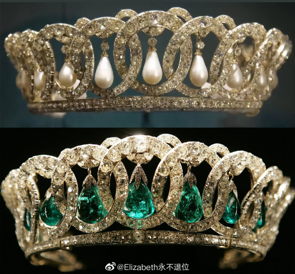 The Grand Duchess Vladimir Tiara 这顶璀璨华丽的钻石TIara最初的拥有者是俄国弗拉基米尔大公夫人玛丽亚，是她1874年时从丈夫弗拉基米尔大公手中得到的结婚礼物，由俄国宫廷御用珠宝商Bolin制作而成，当时的价格是4,8200卢布，所用到的材料还包括了白银与黄金，6.7×19.8cm。1917年俄国GM期间，这顶Tiara与大公夫人的其他珠宝一起被藏匿在弗拉基米尔宫的某个地方，后来被大公夫人的朋友——英国艺术品经销商兼特工艾伯特·斯托福德偷运出俄国。1921年，玛丽王后花费2,8000英镑从弗拉基米尔大公夫人的女儿希腊尼古拉斯王妃手中购入这顶Tiara，最早Tiara上面吊着15个大颗水滴形珍珠吊坠，玛丽王后后来又把15颗凸圆形剑桥祖母绿吊坠作为替换品放在了上面。1953年女王在祖母去世后继承了它，半个多世纪以来佩戴出镜率一直不错，换珍珠换祖母绿或者啥也不加空圈圈戴，能算得上是老太太第二爱的Tiara了吧，上一次出现已经是四年前了，希望近期能再见啊。