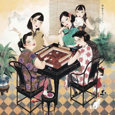 重彩画《闲趣时光》，作者：李守白