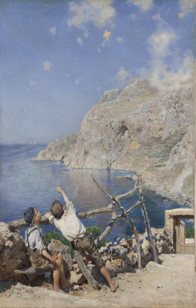 卡布里岛（capri)上放风筝的小孩，意大利画家，Alceste Campriani (1848 – 1933) 