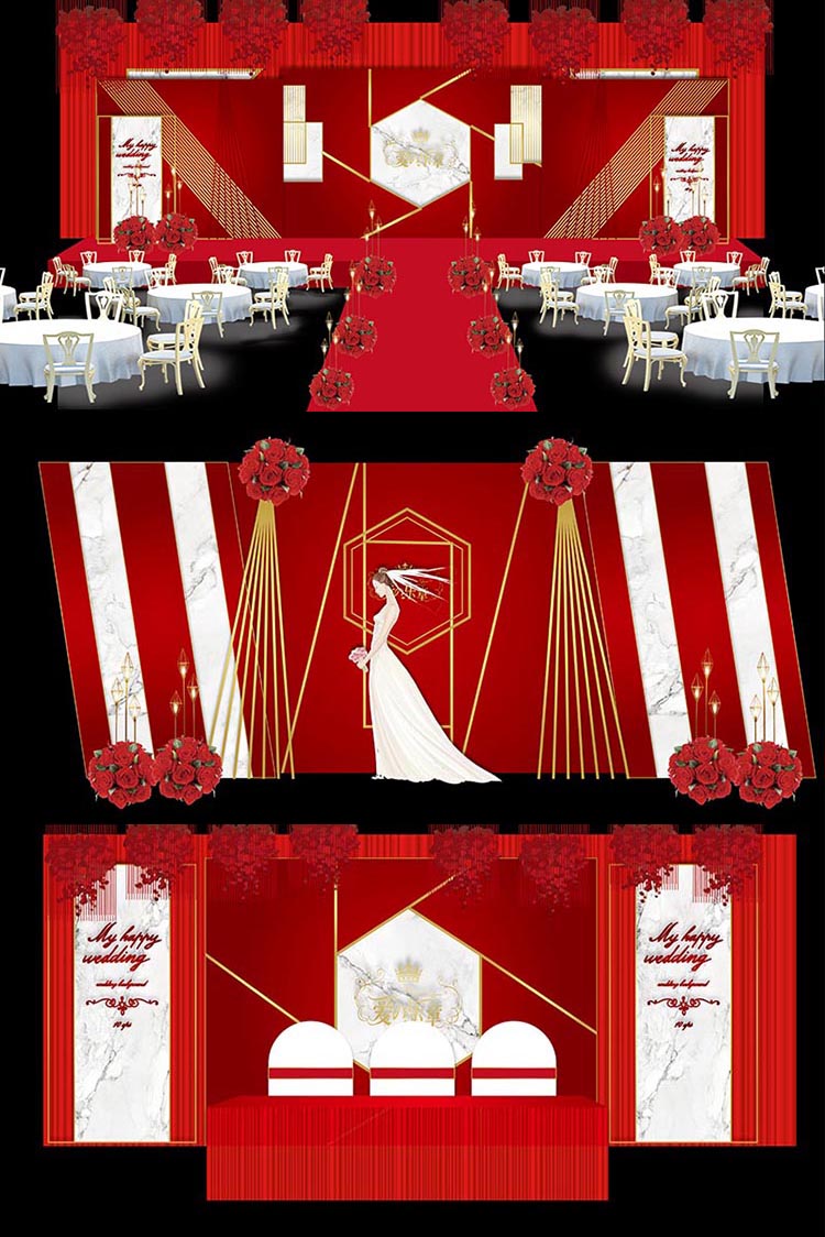 现代红金大理石欧式婚礼效果图舞台签到迎宾区ai设计模板素材