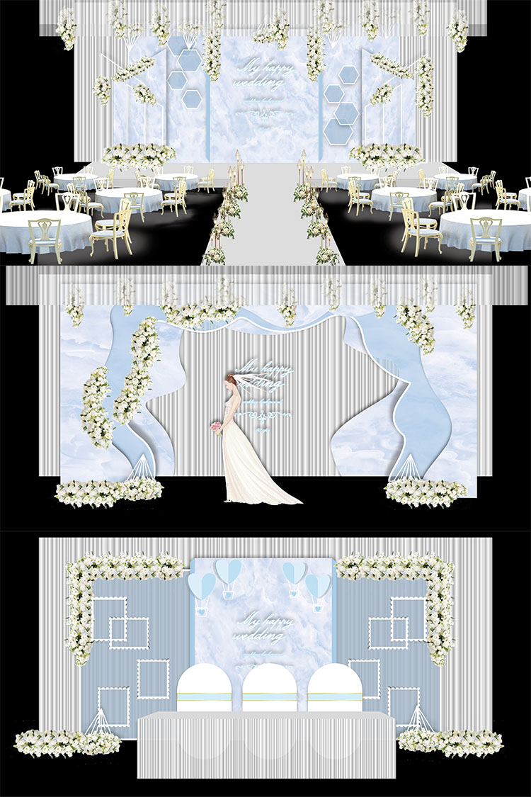 现代简约蓝色森系大理石婚礼舞台签到迎宾区ai效果图模板设计素材