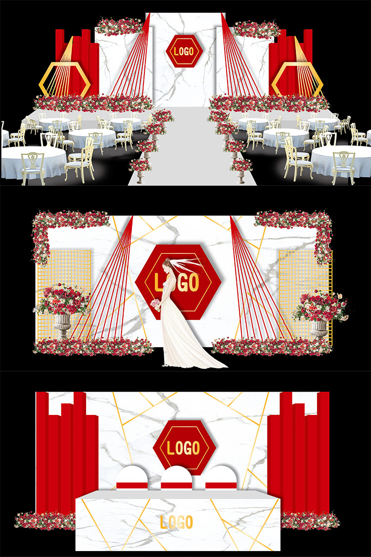 简约欧式红白色大理石婚礼舞台签到迎宾区ai效果图模板设计素材