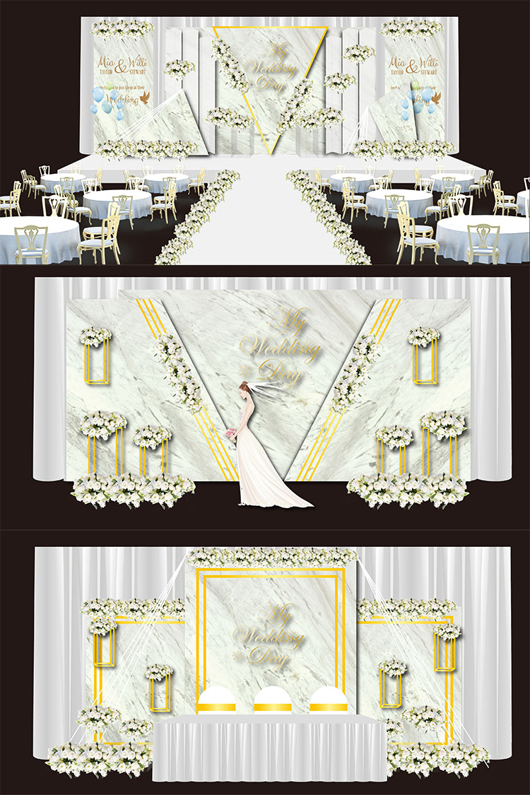 小清新白色大理石纹理婚礼舞台签到迎宾区效果图ai模板设计素材